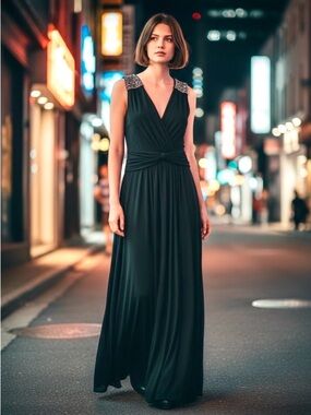 Avaleigh Black Beaded Shoulder Maxi Formal Evening Gown Dress Medium